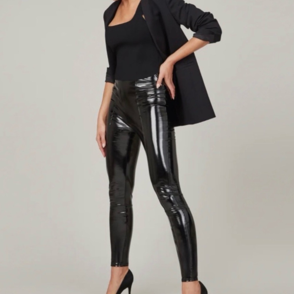 NWT Spanx Faux Patent Leather Leggings Size Small Black Glossy High Rise NWT